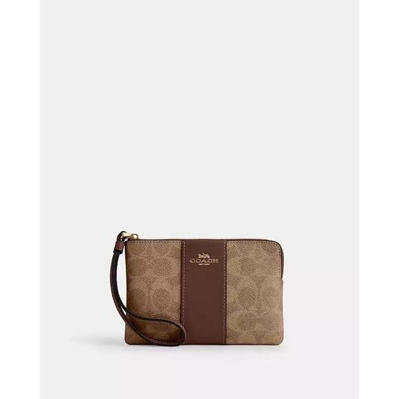 NWT Coach Corner Zip Wristlet Signature Canvas with Stripe CW854 Gold/Tan/Brown - Picture 5 of 7